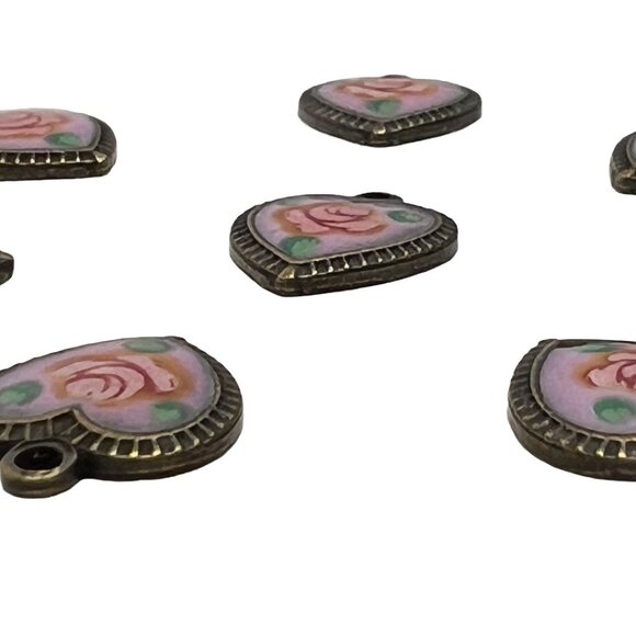 8 Vintage Pink Rose Enamel Heart Charms Findings Jewelry Making Supplies Destash - Picture 4 of 9